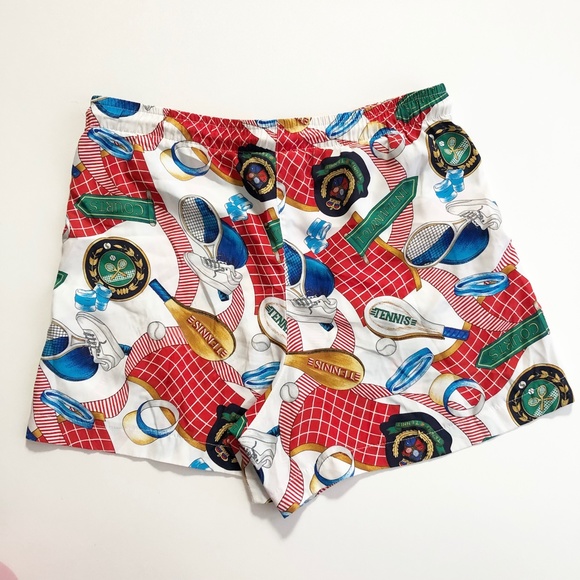 VTG 80s 90s Tail All Over Print Shorts Tennis Theme Racquet Ball Sneaker Net - Picture 2 of 8